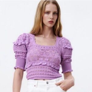 Zara Purple Pointelle Eyelet Ruffle Crochet Knit Cotton Sweater M 3/4 Sleeves